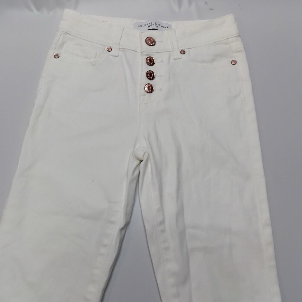 Celebrity Pink Girls Jeans Youth Size 8 White W/ Gold Button Accents 2% Spandex